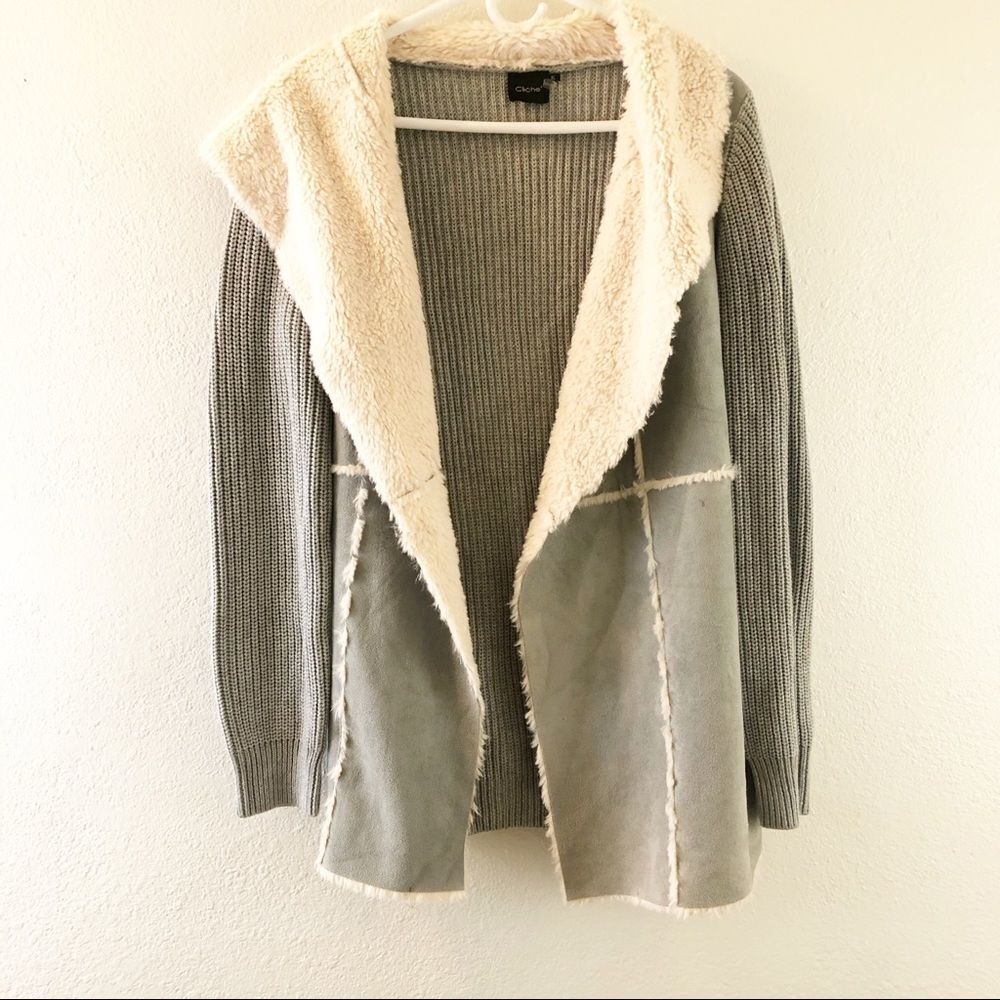 Cliche Faux Fax front Suede Knit sleeves Gray  Jacket Size XL